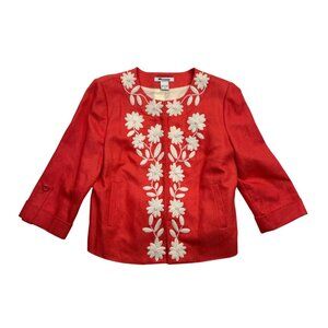 Nygard Jacket Womens 10 Coral‎ Floral Embroidered Beaded 3/4 Sleeve Lined